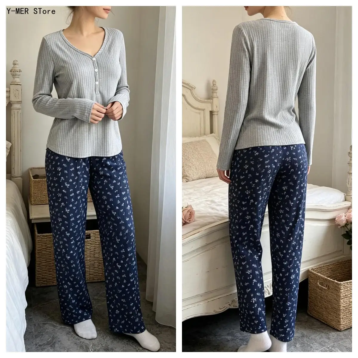 Women Knit Pajama Two Piece Set, Loose Short Sleeve Top & Long Pants Casual Loungewear for Spring Autumn European American
