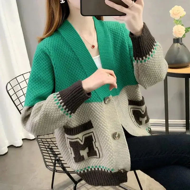 Spring Autumn New Women Clothing Korean Loose Cardigan Long Sleeve All-match Contrast Pockets Vintage Sweaters Casual Fashion