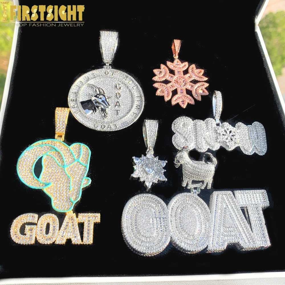 Iced Out Bling Christmas Letter Goat Pendant Necklace Cubic Zirconia Snowflake Lucky Badge Charm Men Women Hip Hop Jewelry