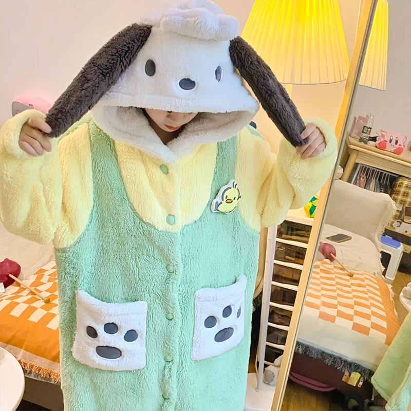 MINISO Pochacco Children Pajamas Kawaii Hooded Loungewear Cartoon Comfortable House Clothing Set Cute Winter Warm Girls Pajama