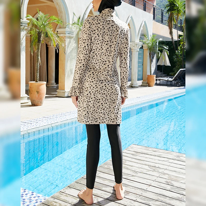 Burkini Badeanzug für muslimische Frau, hohe Hals hose, langer Rock, Bade kappe, 3 Stück, Beige Print, Tauchen, Surfen, neu