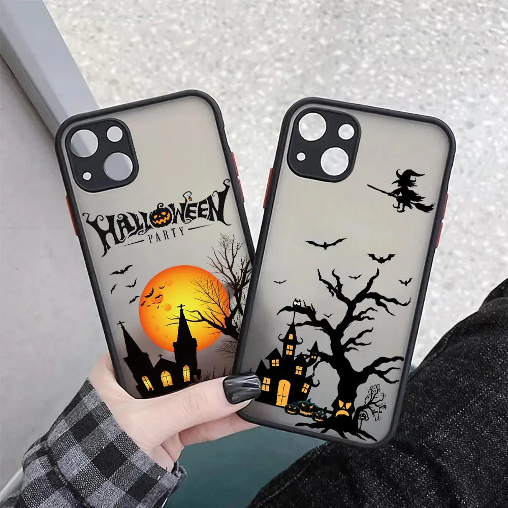 Happy Halloween Clear Case For iPhone 14 13 Pro Max 12 11 Pro SE 2020 X XS XR 7 8 Plus Matte Back Cover Castle Pumpkin Bat Witch