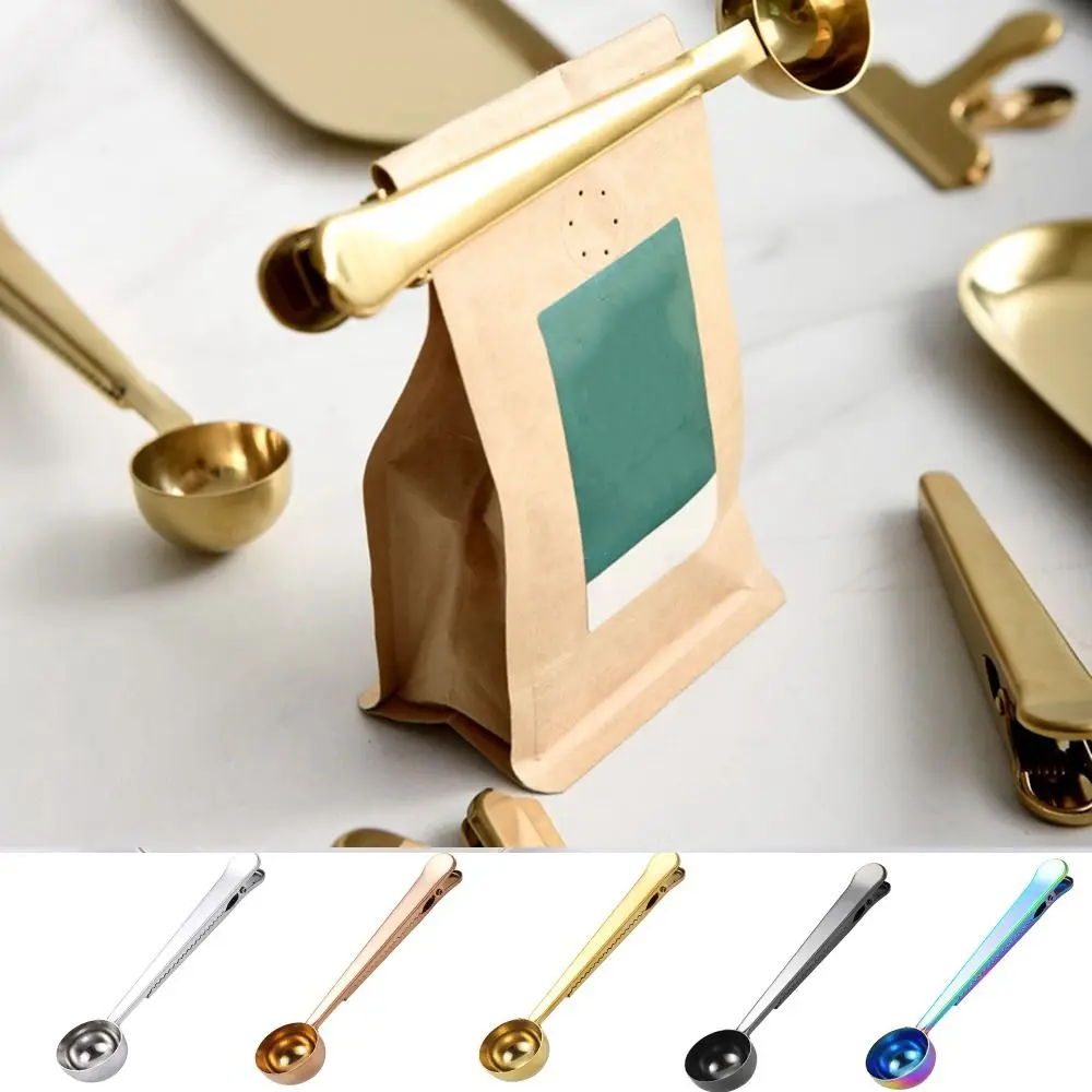

2-in-1 Coffee Spoon With Bag Clip Gold Stainless Steel Coffee Scoop Clip Long Handle Sealing Spoon Bag Clip Milkpowder