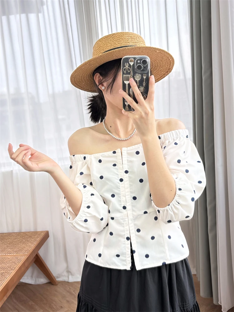 

Bubble sleeved shirt with polka dot print,French short style, Retro square neck top, summer design sense, niche M family