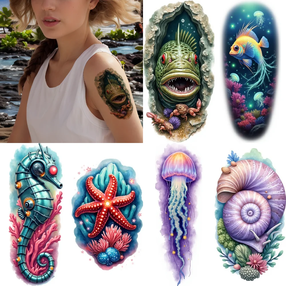 

12pcs Temporary Tattoo Nautilus Waterproof Long-lasting Body Stickers Starfish Seahorse Realistic Temporary Tattoos For Men