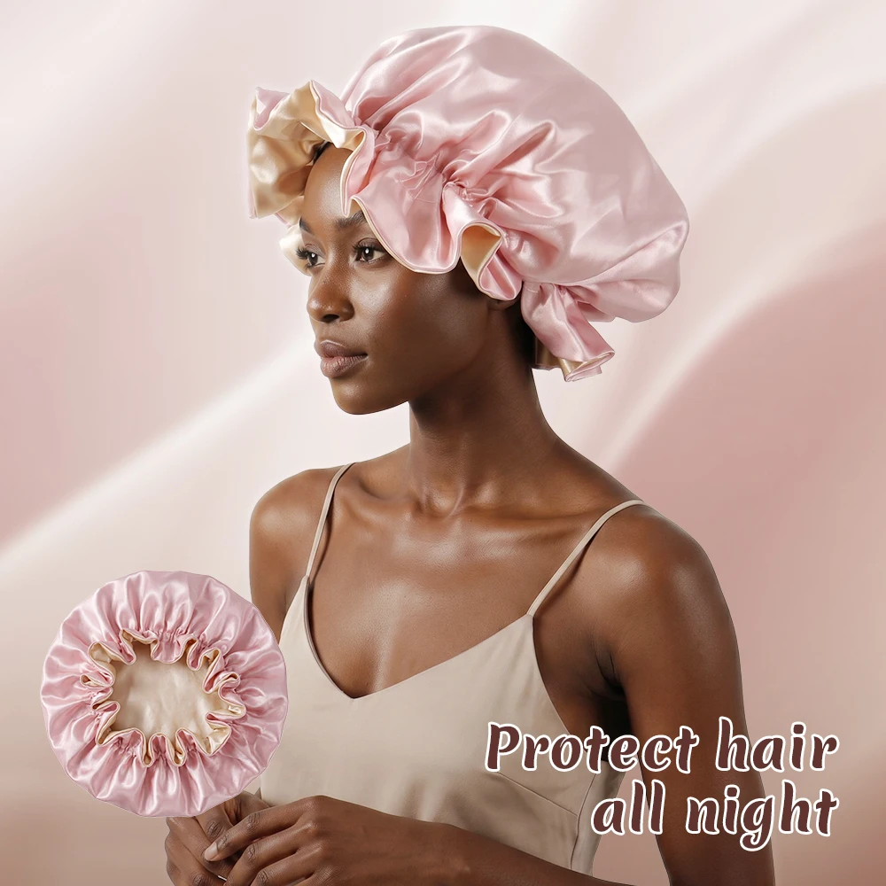 1 Stück Zweifarbige Satin-Schlafmütze Seiden-Bonnet zum Schlafen Satin-Bonnets Doppellagige Wendbare Haarkappe für Frauen mit Langen Lockigen Zöpfen – Detail 5