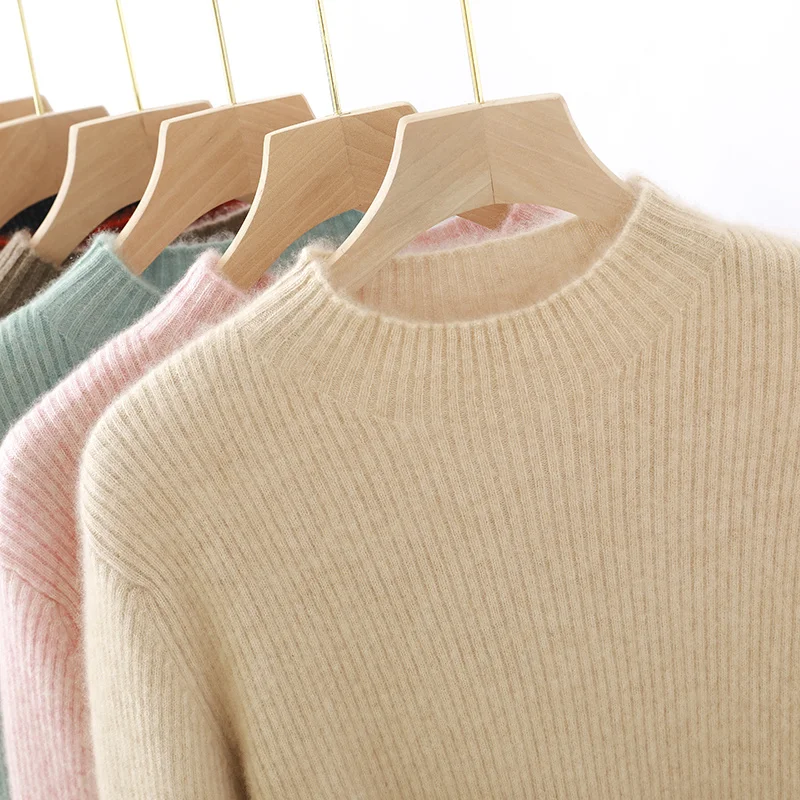 2024 autumn winter women knitted 100% Wool pullovers Mock neck sweater basic top casual long sleeve Half high neck pullover warm