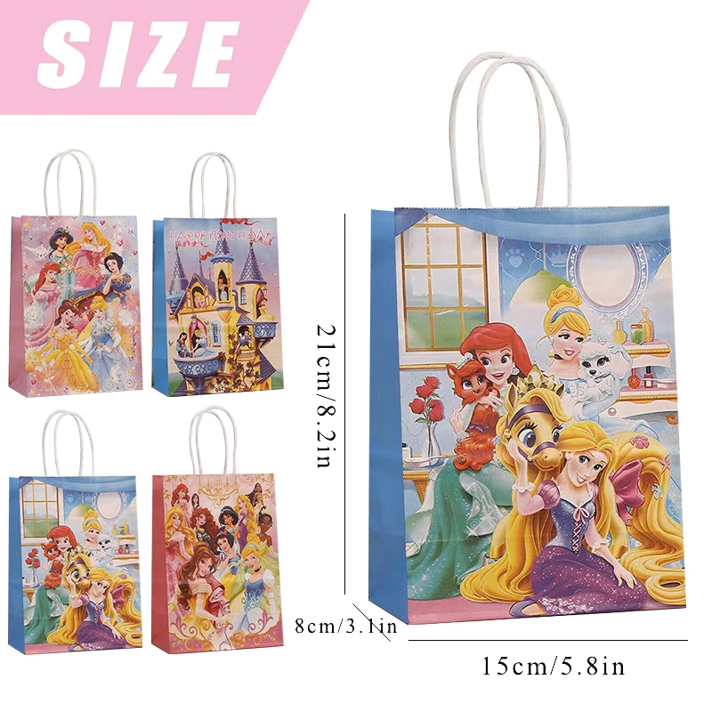 12/24szt Torby Kraft z uchwytem księżniczki z uchwytem Torba papierowa Disney Princess Baby Shower Dziewczynki Urodziny Ulubione torby na prezenty