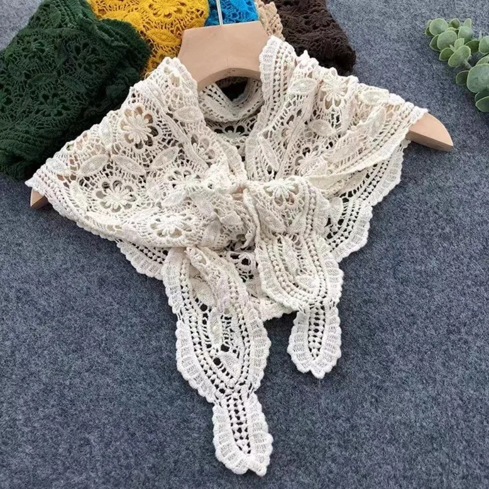 Retro Fake Collar Knitted Triangle Scarf White Cape Hollow Out Lace Shawl Clothes Decoration Wraps Fart Curtain Women