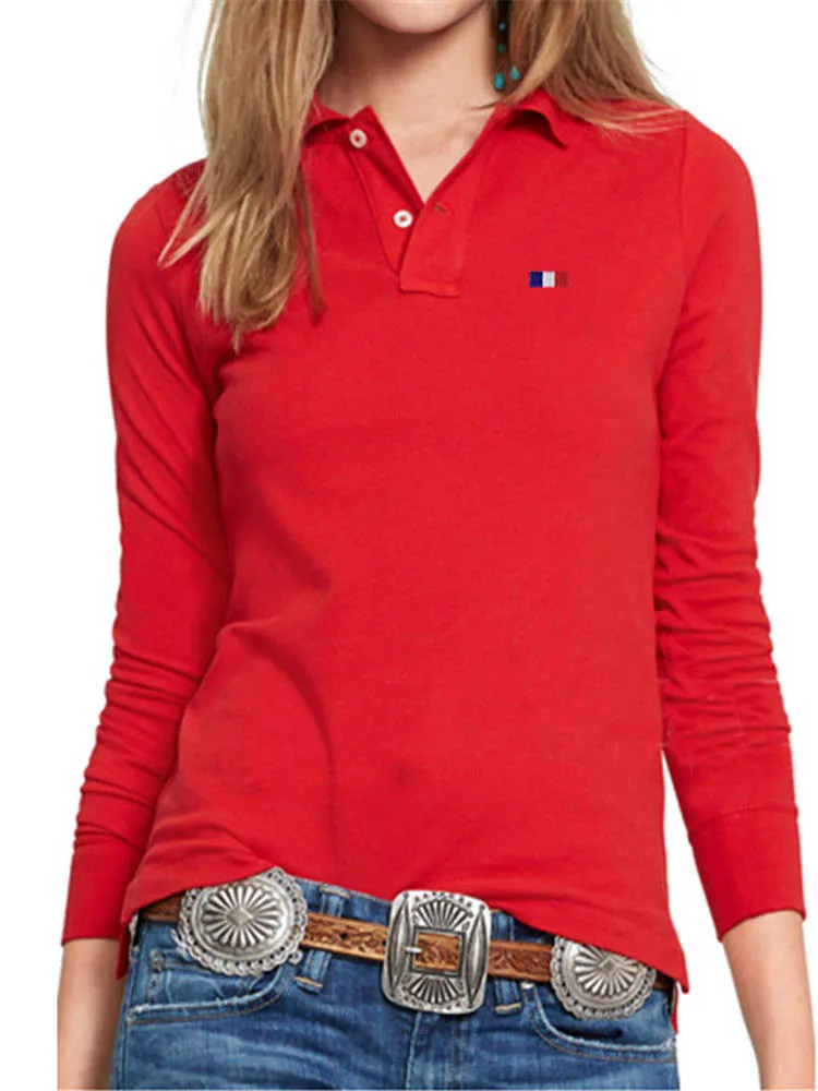 Polo a maniche lunghe da donna autunno di alta qualità in cotone Casual da donna Golf Casual Slim Sports t-Shirt con risvolto femminile top