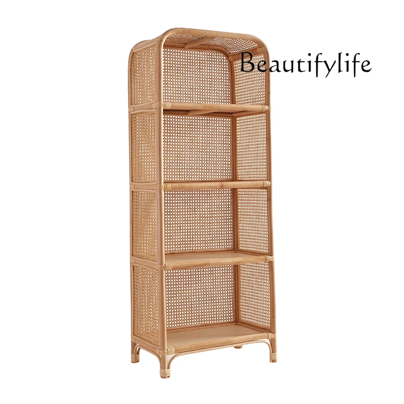 

Japanese-style bookshelf floor-to-ceiling small apartment shelf rattan decoration new Chinese-style simple living room simple