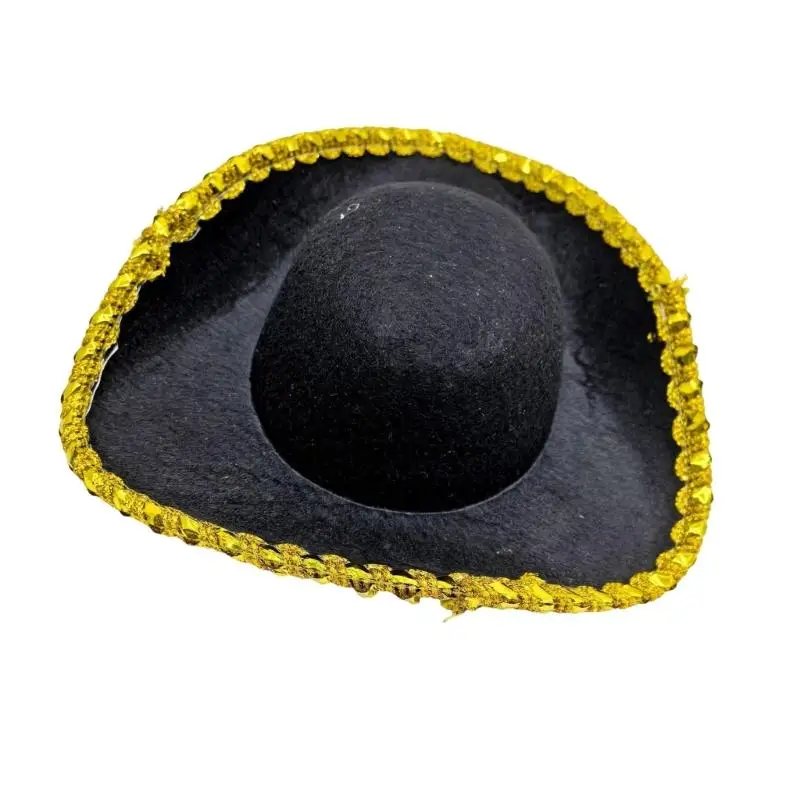 Casquettes Costume 39BD, chapeau Pirate en feutres noirs, chapeau fête amusant à bord jaune, chapeau fête Pirate,