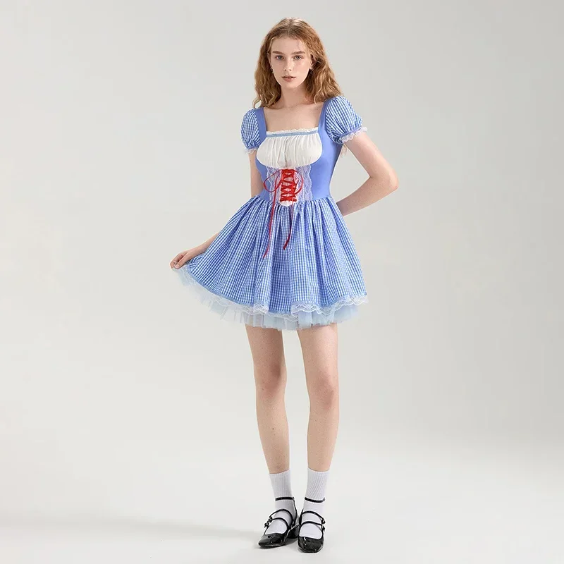 Women Cosplay Dress, Short Sleeve Square Neck Lace Patchwork Plaid Mini Dress Halloween A-line Dress