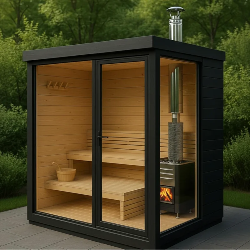 2-4 Person Outdoor Sauna, Black Hemlock Solid Wood Traditional Steam Sauna Cabin with Wood Burning Stove, Wet Steam Bath