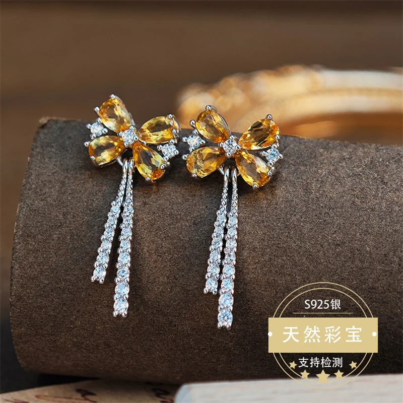 

Original 925 Real Sterling Silver Natural Citrine Drop Earrings for Women Birthday Gift for Women Bowknot