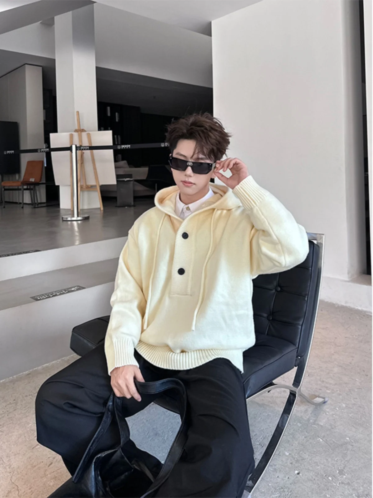 ay Maglione con cappuccio da uomo Autunno Inverno Cappotto lavorato a maglia casual allentato per coppie Comodo e versatile vestibilità ampia