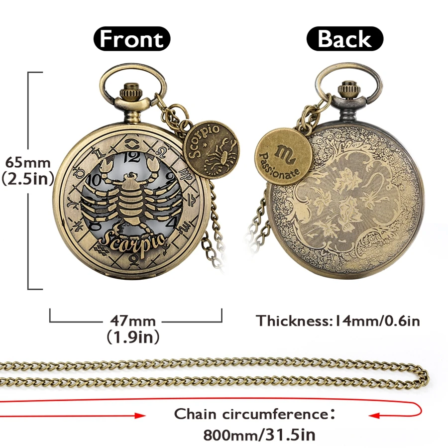 Bronzo scorpione orologio da tasca al quarzo a catena lunga 12 costellazioni collana con ciondolo uomo donna gioielli regalo con accessorio scorpione