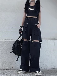 QWEEK Techwear Gothic Black Cargo Pants Women Streetwear Hollow Out Punk Wide Leg Oversize Pockets Trousers For Female Hip Hop