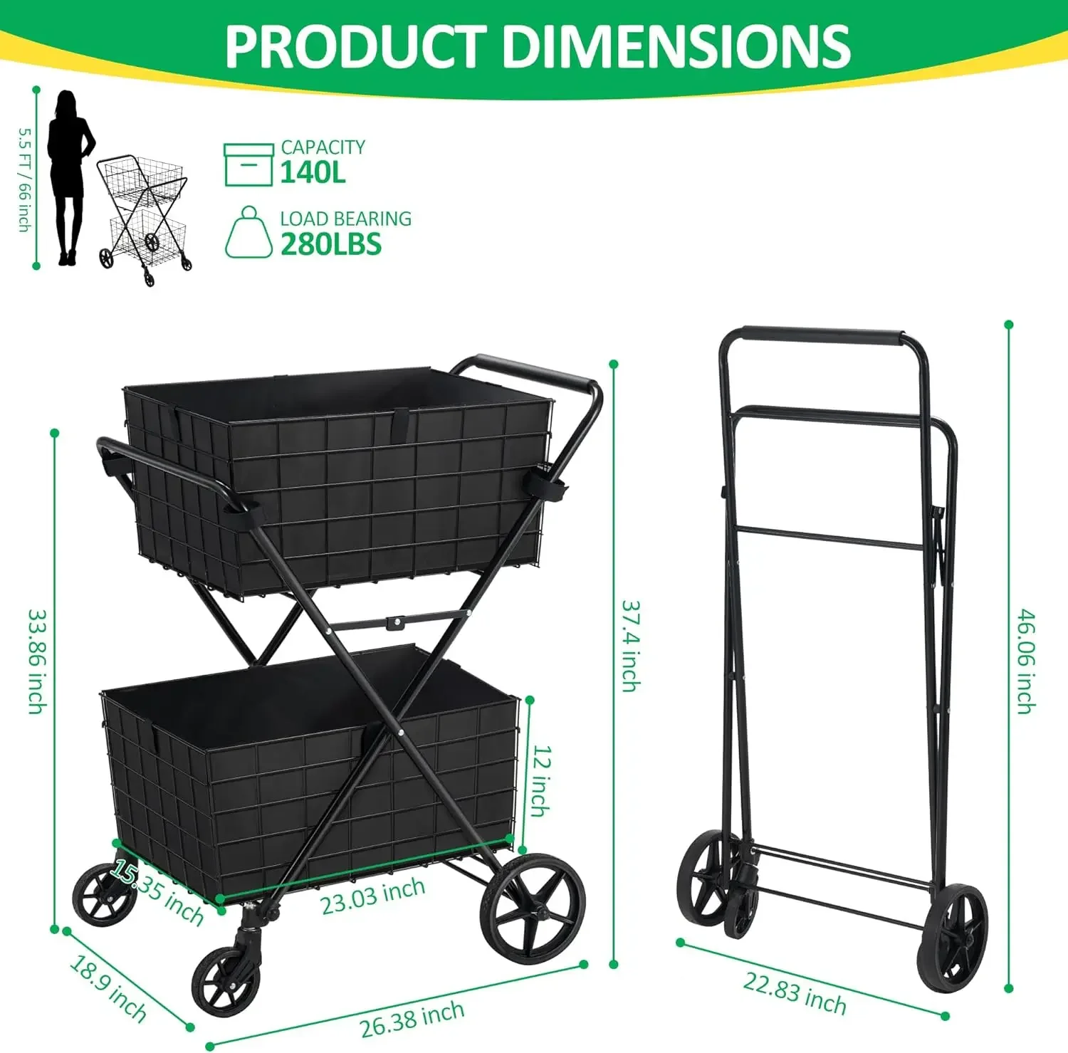 2-Tier Shopping Cart with Wheels Folding Grocery Cart w/ Removable Double Baskets 360° Rolling Laundry Cart Compact Pet Stroller