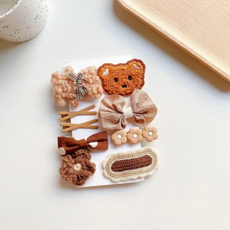 9pcs/set Plush Cute Cartoon Kids Girl Hair Clip Sweet Chic Beige Coffee Color Children\'s Hair Pin Little Girl Har Accessories