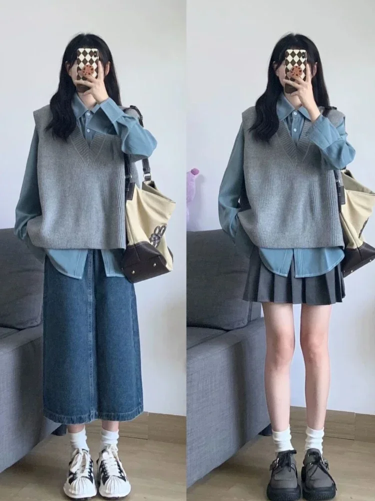 Sets Women Solid Trendy Vintage Soft Harajuku Japanese Preppy Style Shirts and Sweater Vets Blusas Knitwear Temperament Autumn