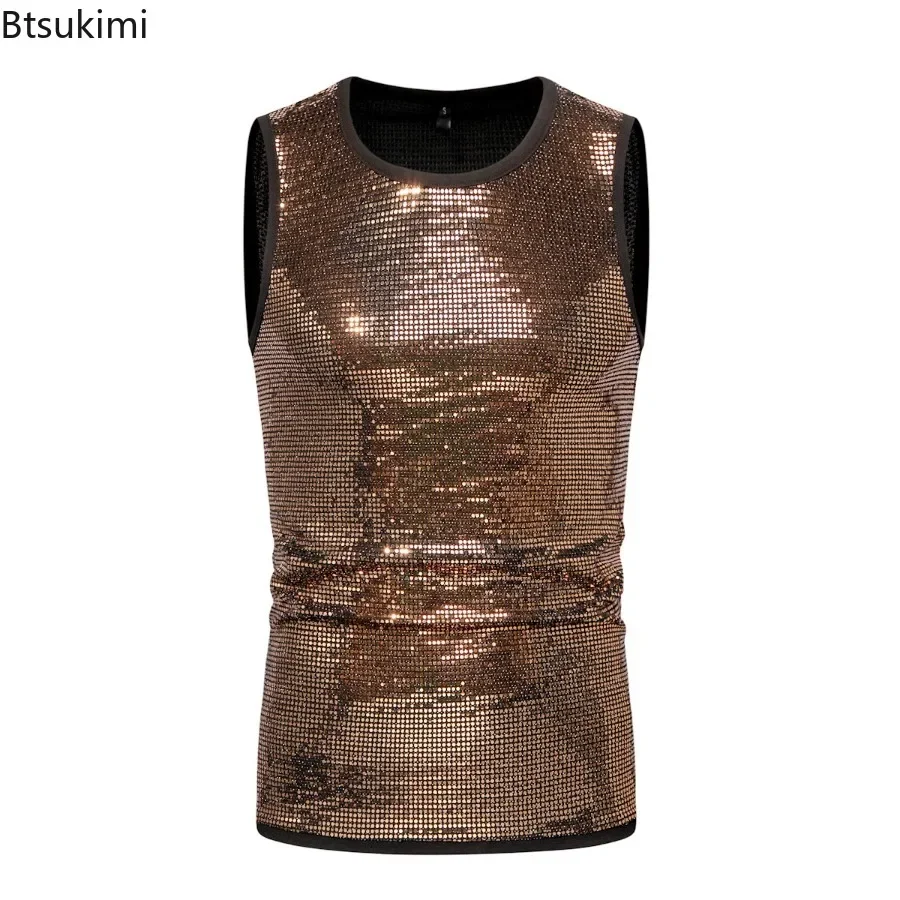 

2025 Men's Casual Vest Shiny Metallic Sleeveless Vest for Club Performance Stage Show Slim Fit Stretchy Tank Top with Round Neck