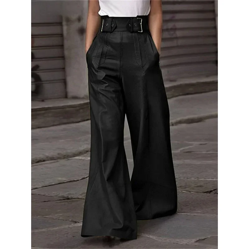 Chic Leather Buckle Flare Pants Women Loose Pockets Wide Leg Trousers 2024 Autumn Winter New Lady Vintage High Street Outwear