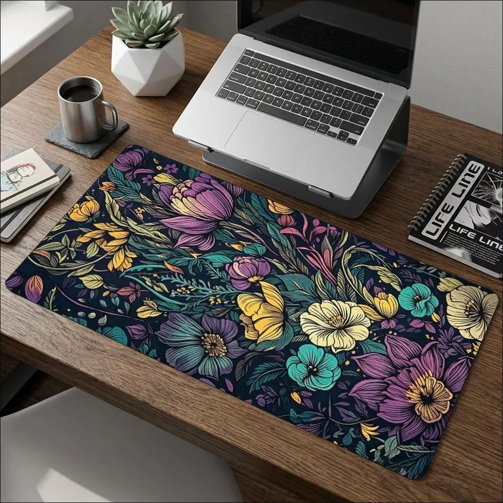 Extra Large Deskmat Vintage Floral Flower Print Stitched Border Anti‑Slip Rubber Base Smooth Mat For Gaming Home Office Table
