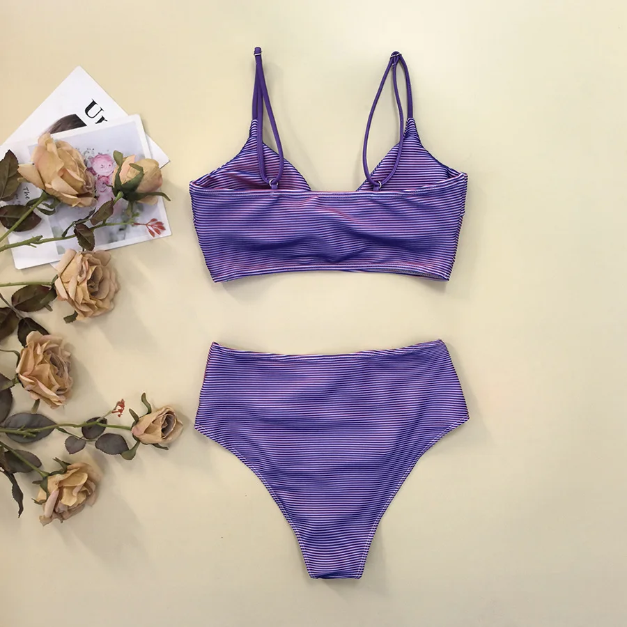 sexy purple striped print knot bikinis sets two pieces high waist thong swimsuits bathing suit swimwear biquini tankini trikini