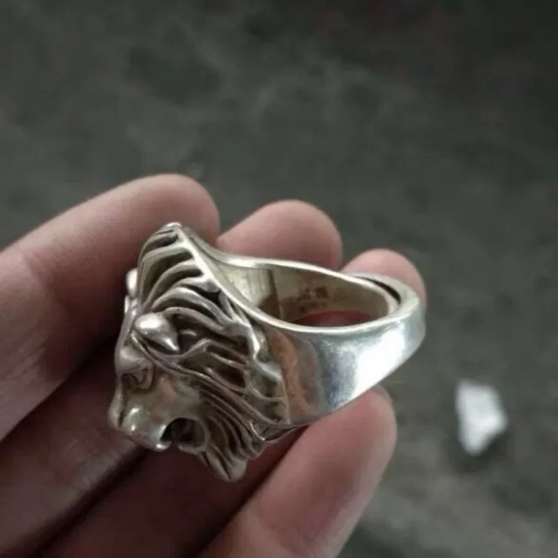 Vintage Collectible Lion Head Ring White Copper Silver Plated Adjustable, Antique Old Style Hand Carved Unisex Statement Jewelry