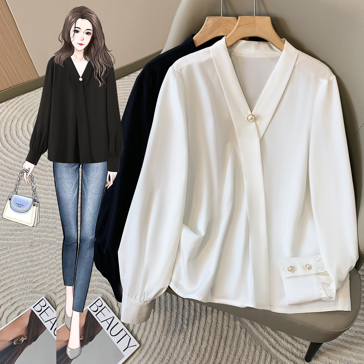 Plus Größe Chiffon Hemd Frauen 2024 Herbst V-ausschnitt Elegante Schwarz Oder Weißes Hemd Für Frauen Koreanischen Stil Große Größe blusen Weibliche