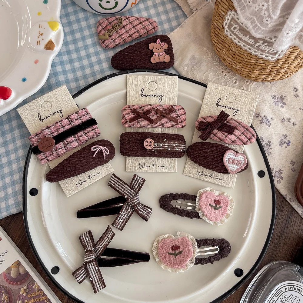 2 pçs novo rosa café xadrez tecido hairpin crianças doce hairpin franja headwear meninas crianças acessórios para o cabelo