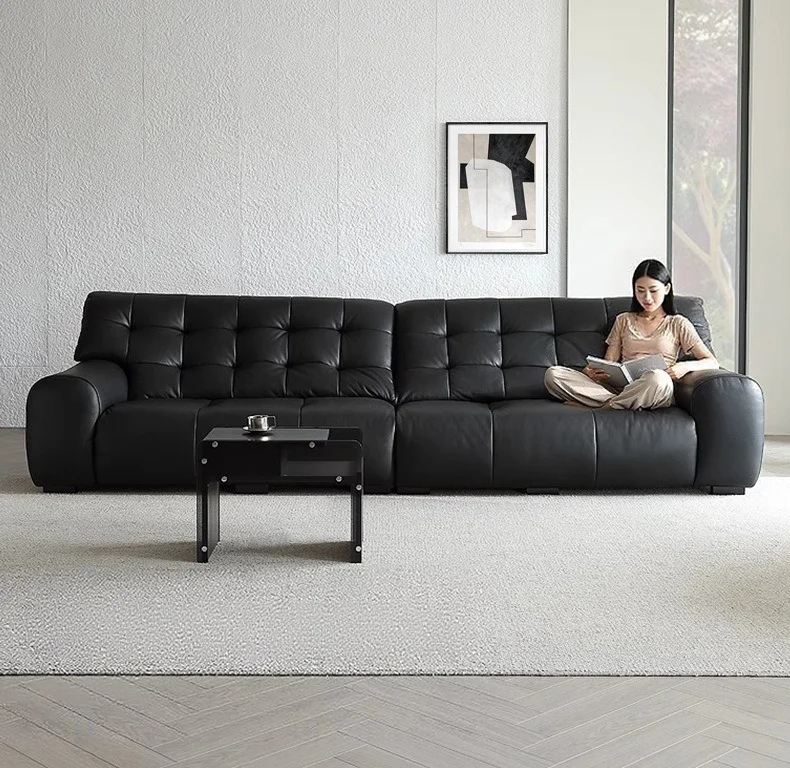 #Black Genuine Leather Chesterfield Sectional Sofa Bed Modern Nordic Design 3-Seater Luxury Sofa Set Stainless Steel Legs Villa view 3