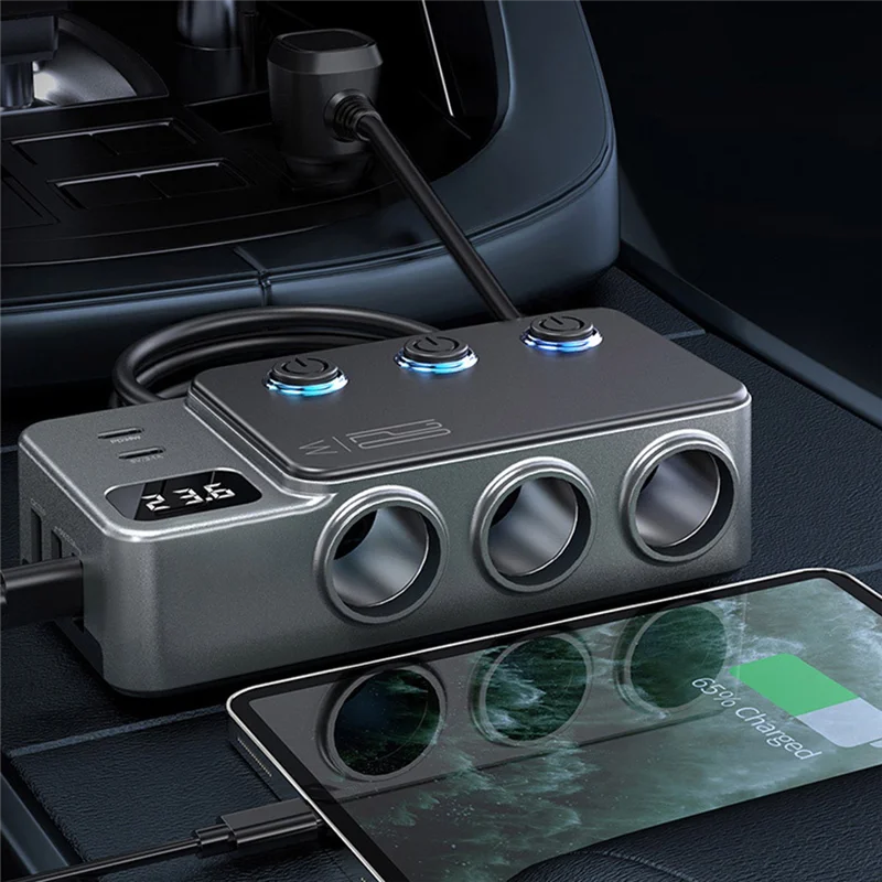 LBER Car-Mounted Cigarrete Lighter Adapter USB Switch PD Super Fast Charge 120W Car Charger Universal Holde Digital Display