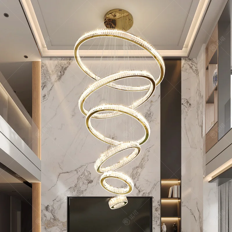 

Modern simple light luxury villa with high luxury atmosphere living room crystal chandelier duplex building hollow hall lamps