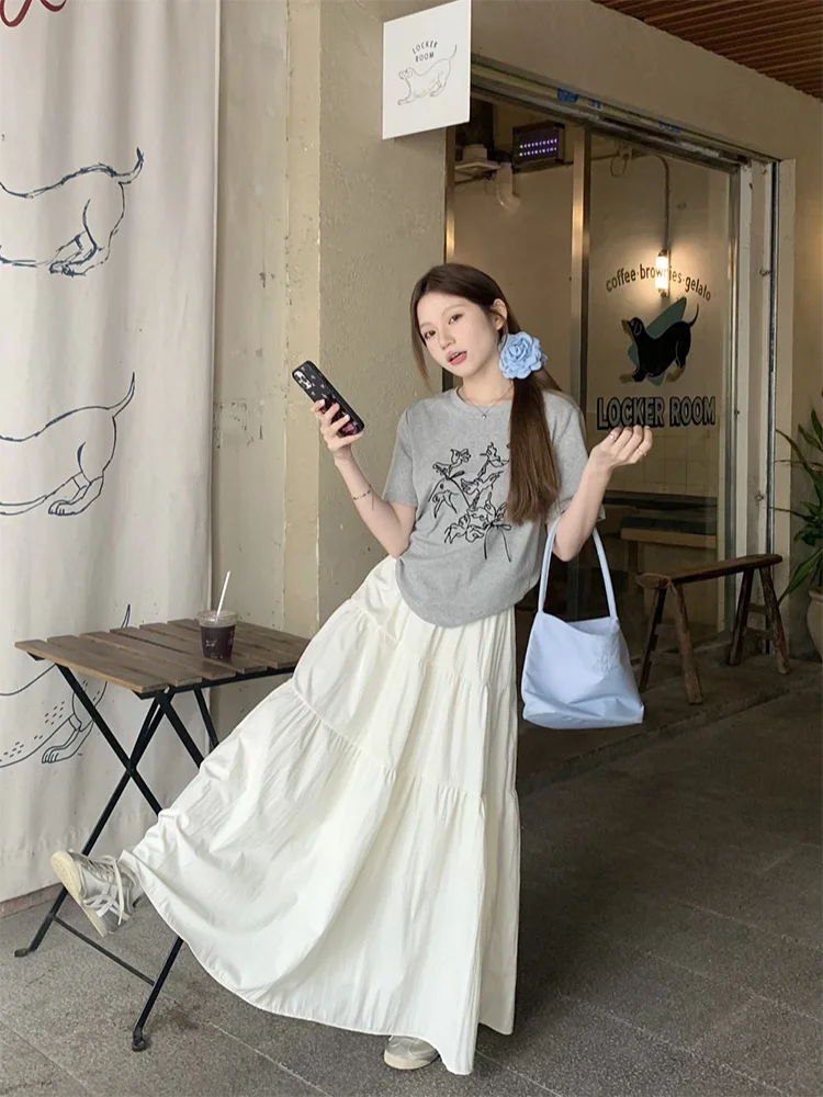 

Casual Embroidered Short Sleeve T-Shirt And High Waist A-Line Skirt Two-Piece Set Women's Summer Fashion Outfit Casual Style