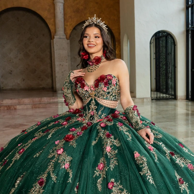 

Темно-зеленые блестящие платья Quinceanera с открытыми плечами, аппликация, цветок, бисер, кристалл, тюль, вечерние, день рождения, сладкое платье 16, Vestido