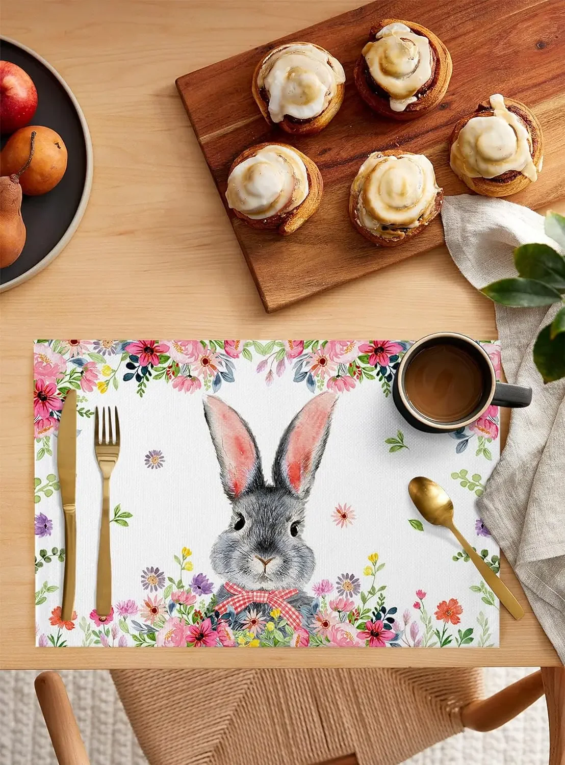 Easter Rabbit Folwer Linen Placemats for Dining Table Decor Spring Farmhouse Table Mats for Home Kitchen Easter Party Decoration