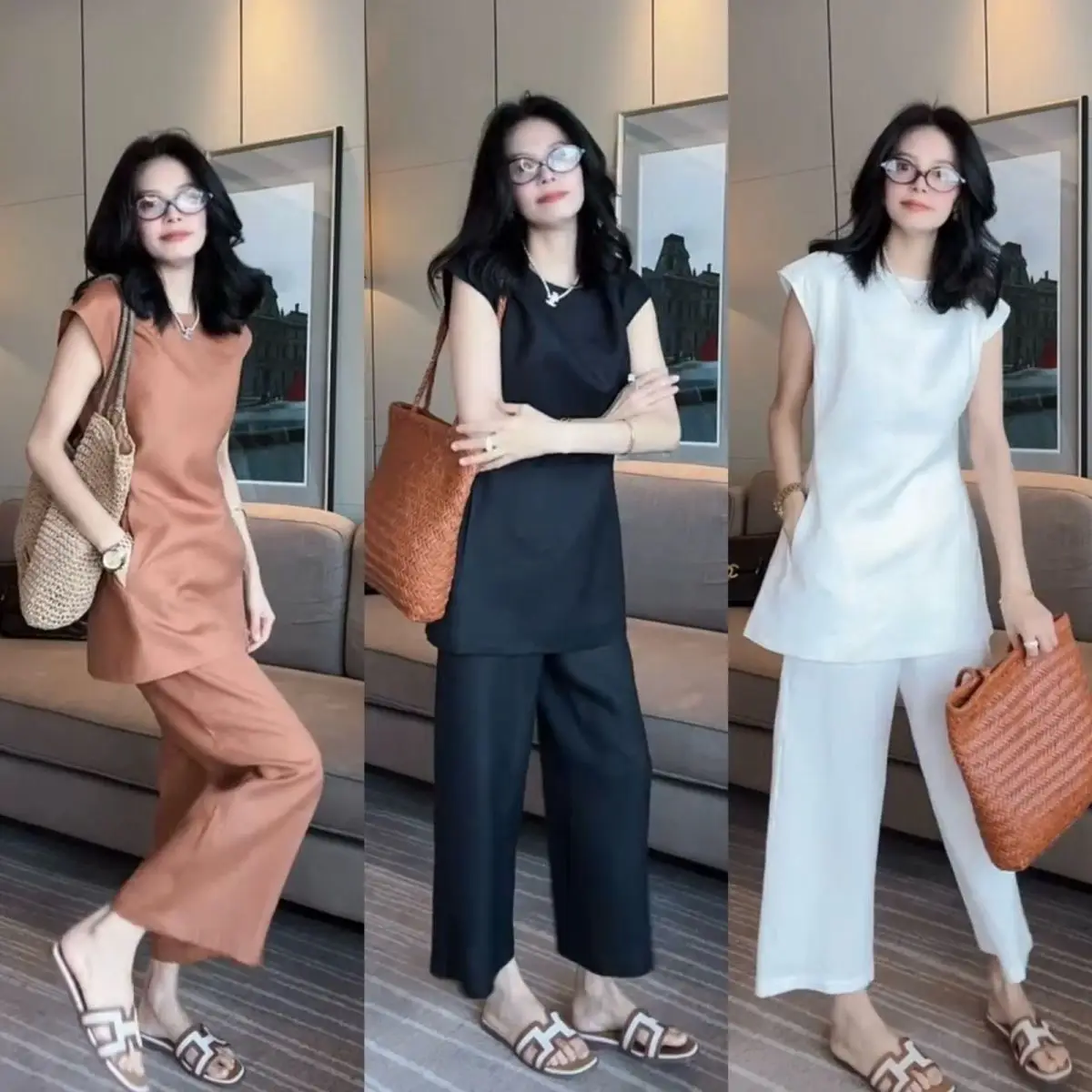 

Unique Stylish Linen Two-Piece Set for Women Summer Fashionable Top And Bottoms Ensemble High-End Feelings Short Sleeve round...