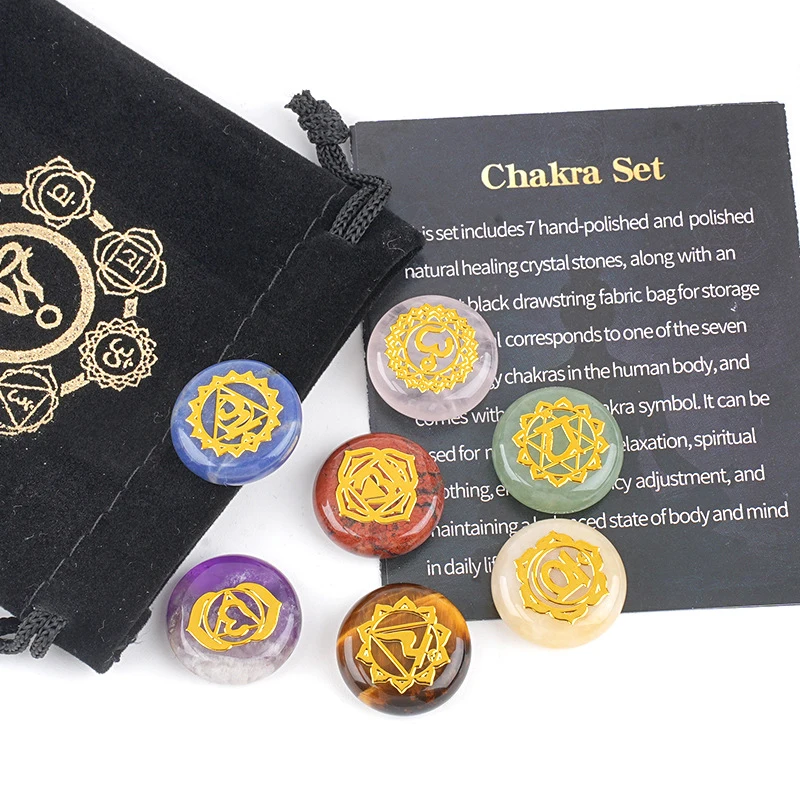 7Pcs Set With Velvet Pouch Natural Stone Pendulum Reiki Healing Stones Engraved Seven Chakra Symbols Reiki Healing Gemstones