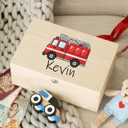 Personalized Baby Memory Box Infant Fire Truck with Name Umbilical Curl Hair Tooth Collect Box Kids Birthday Baptism Shower Gift