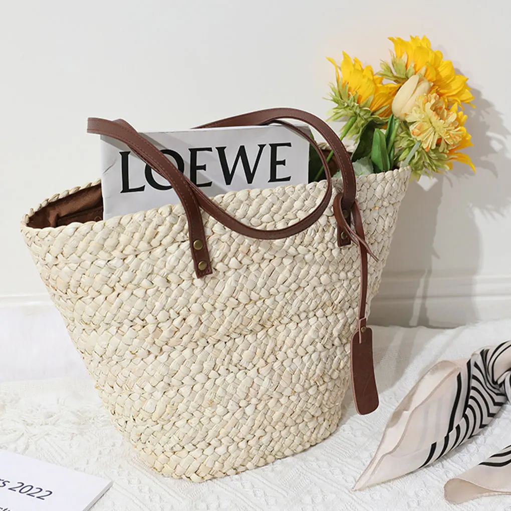 Soft Leather Straw Handbag Comfortable To For Travelling Practical Large Capacity Shoulder Bags As Shown