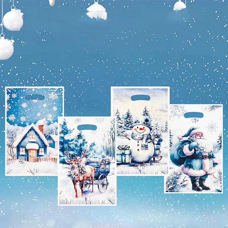 30 PCS Christmas Plastic Gift Bags Merry Christmas Goodie Bag With Handle Treat Candy Cookie Snack Bag For Xmas Party Supply