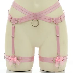 Hollow Pink Kawaii Bondage Stocking Garter Punk Wedding Bride Body Harness Bow Clip Elastic Belt Punk Body Harness Cage