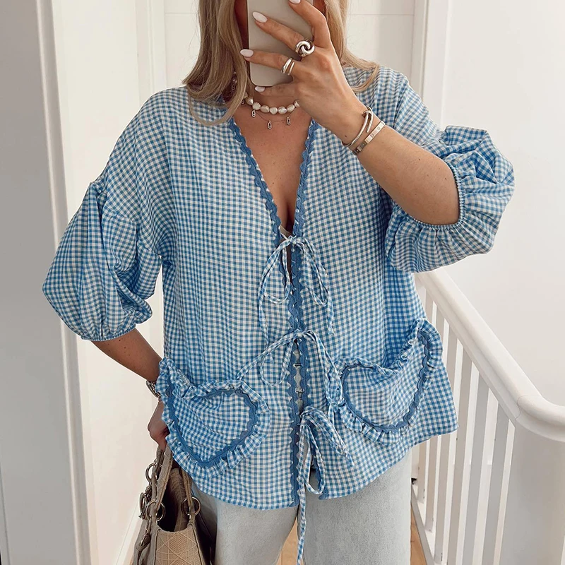 Sweet Street Female Plaid Print Blouse Temperament 2024 Love Pockets Slim Blusa Tops Women New Contract Color Lace-up Cardigan