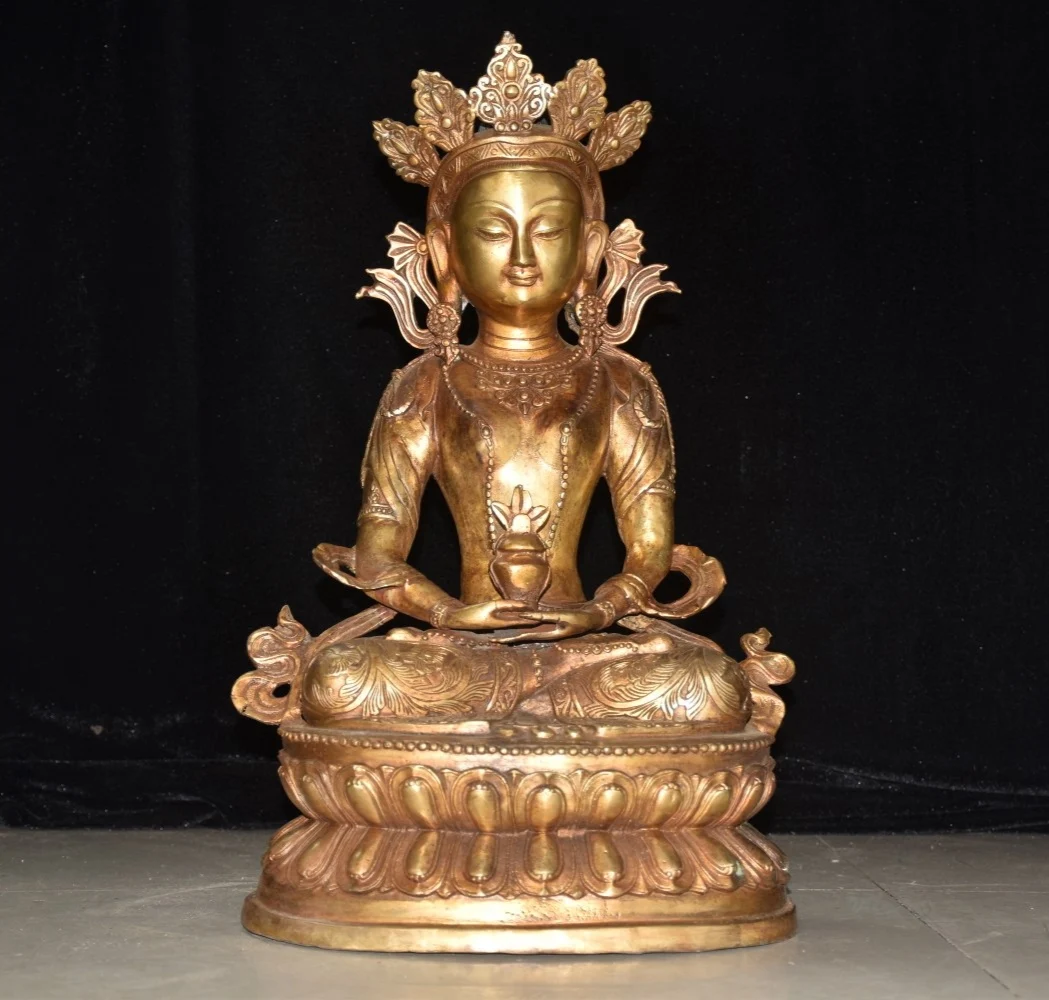 

18"Tibetan Temple Collection Old Bronze Gilded Cinnabar Amitayus Longevity Sitting Buddha Double Lotus Platform Worship Hall