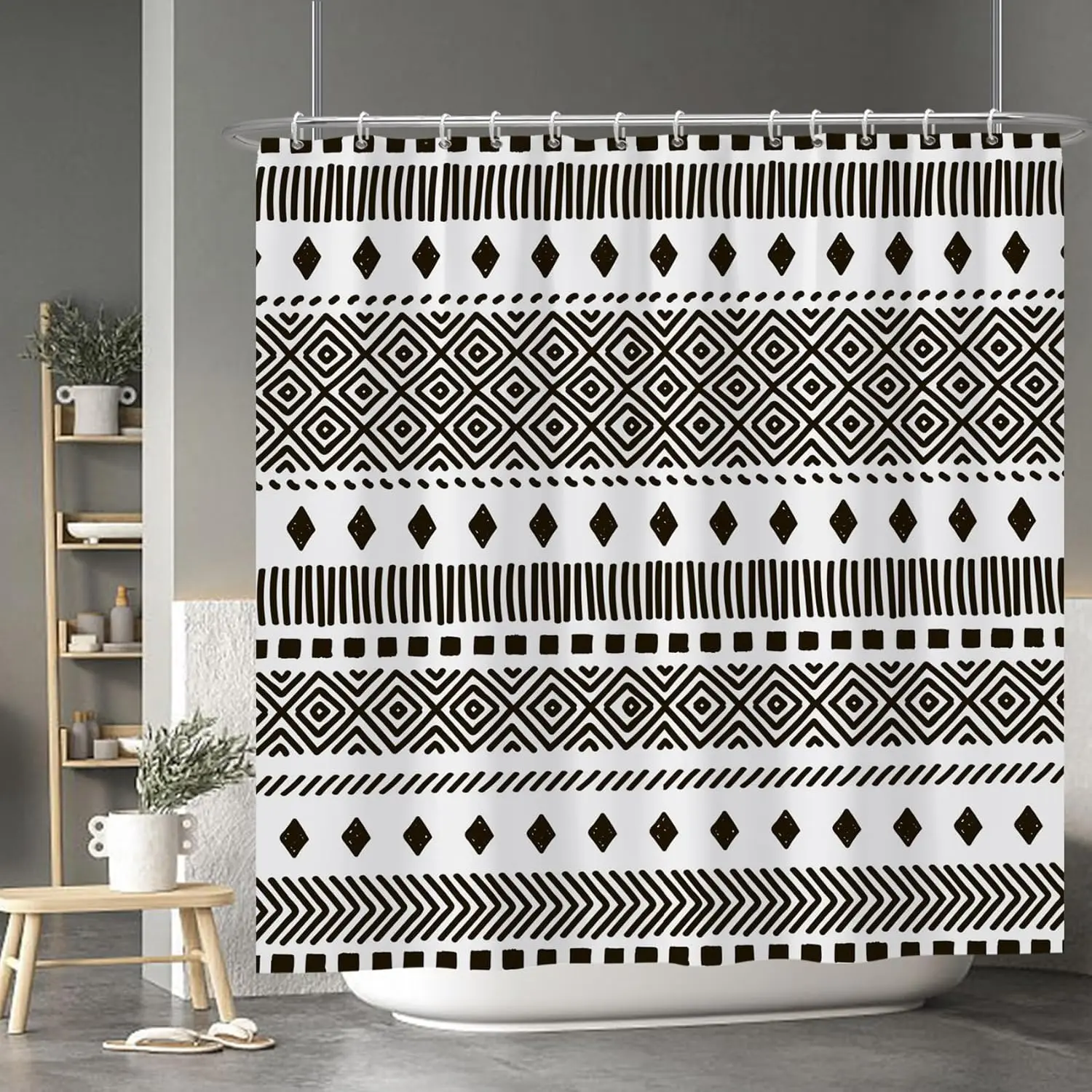 

Abstract Tribal Print Shower Curtain Black White Geometric Design Minimalist Style Contemporary Bathroom Decor Artistic Home