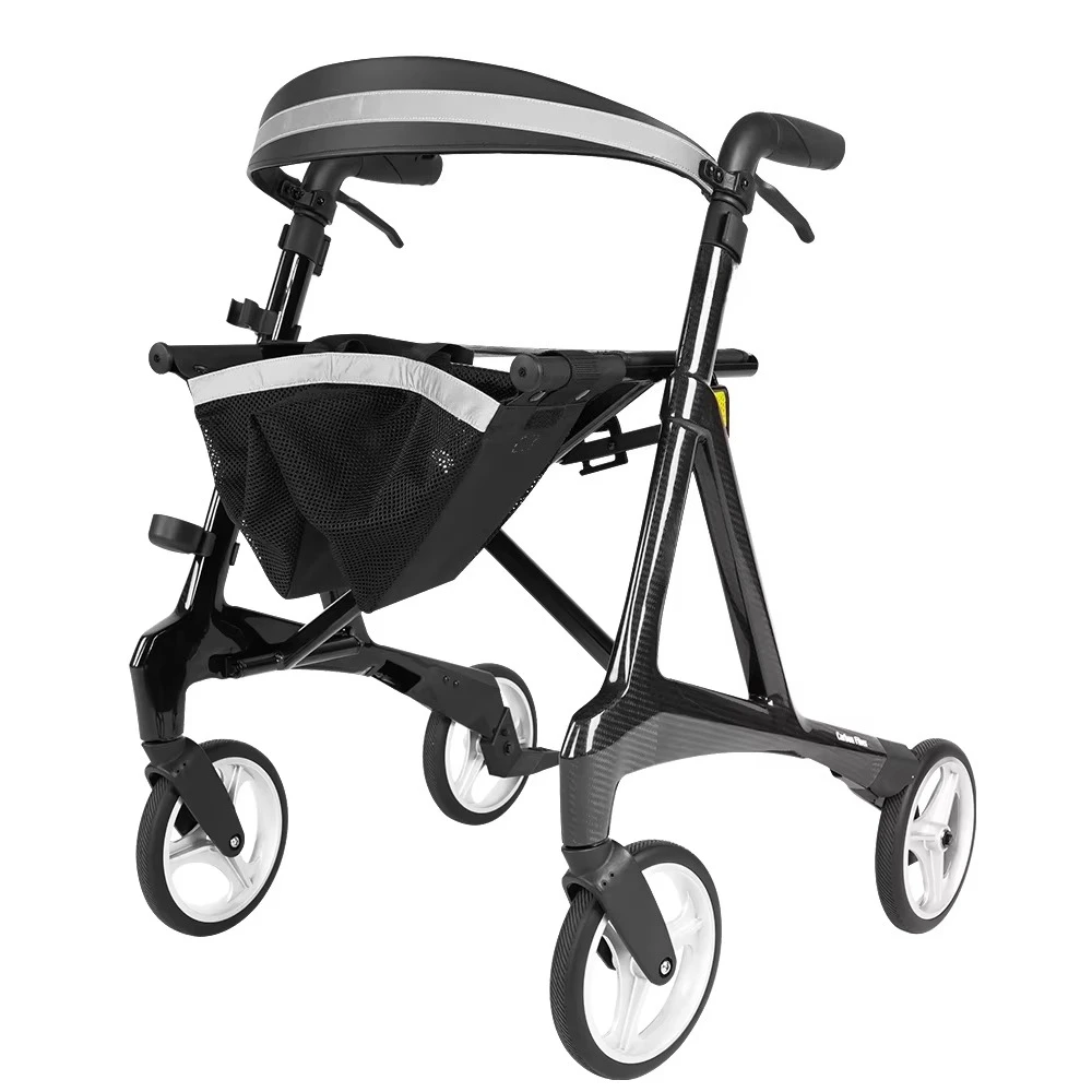 Carbon Fiber Rollator, Folding Portable Walker, 4 Wheeled Mobility Aid for Elderly, Lightweight Adjustable Seat