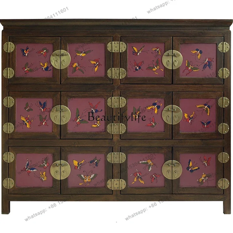 New Chinese Hand-Painted Antique Solid Wood Sideboard Narrow Cupboard Tea Cabinet Butterfly Cabinet