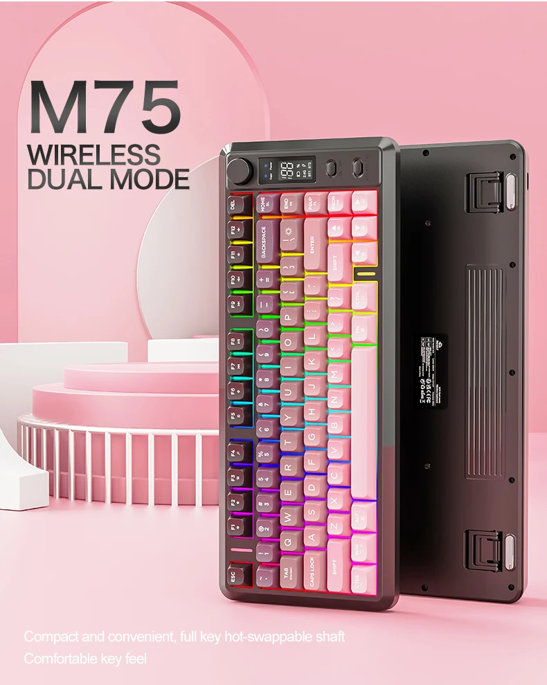 

FREEWOLF M75 Wireless Silent Keyboard 2.4G/Bluetooth 5.0, 2000mAh Battery, PBT Keycaps, RGB Backlit,Ergonomic，for Office/Gaming
